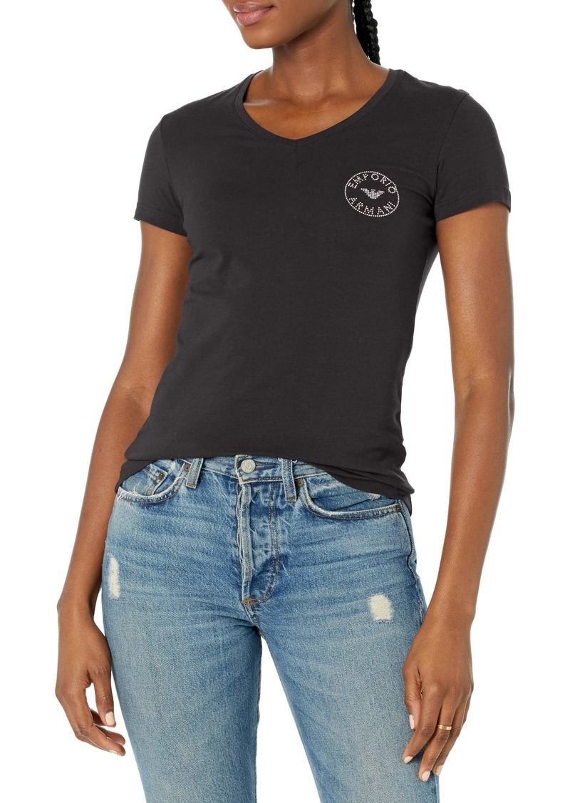 Emporio Armani Women's Essential Studs Logo Short Sleeve V-Neck T-Shirt Slim Fit