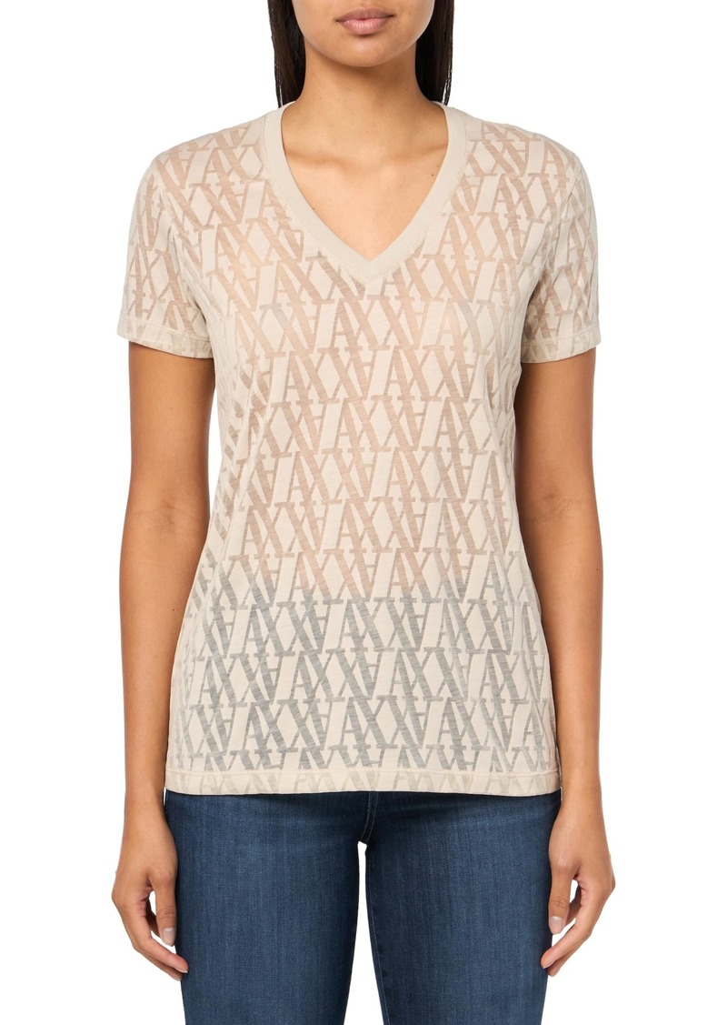 Armani Exchange Women's Regular Fit All Over Sheer Monogram Logo V Neck Tee