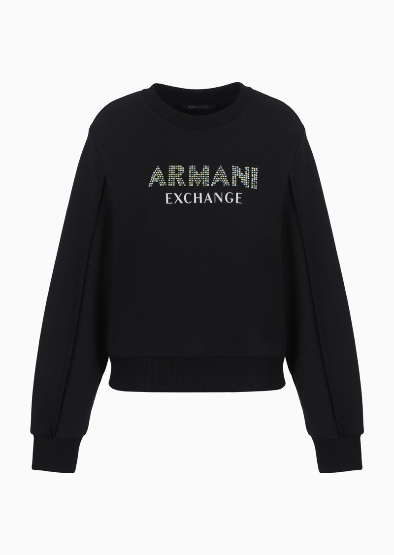 A | X ARMANI EXCHANGE Women's Rhinestone Logo Crewneck Pullover Sweatshirt black