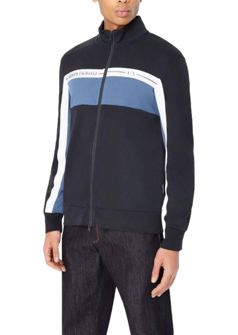 Armani Exchange Men's Unbrushed Organic Cotton Tri-Color Mock Neck Zip Up Sweatshirt Navy/True Navy