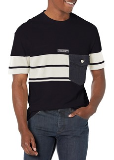 A | X ARMANI EXCHANGE Men's Cotton Piquet Graphic Tshirt with Stripe Detail and A|X Logo Patch in The Middle of The Shirt DEEP Navy/White