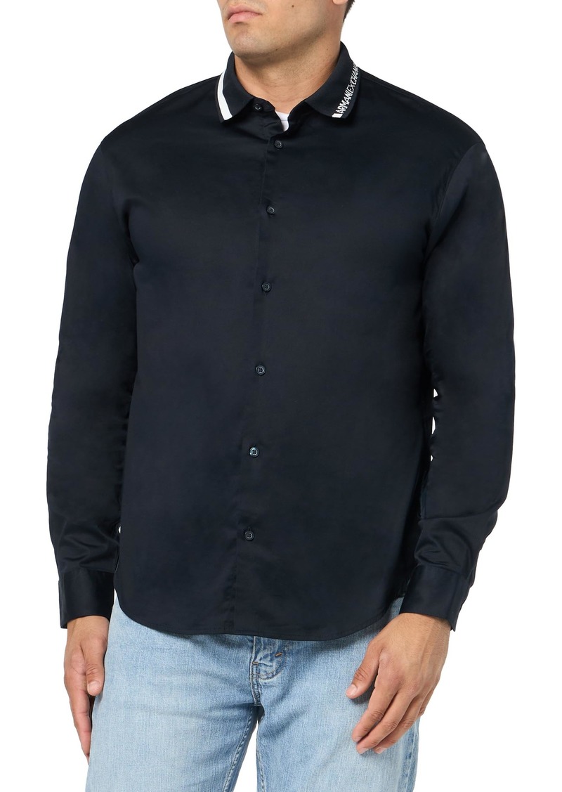 A|X Armani Exchange Men's Stretch Long Sleeve Logo Collar Button Down Shirt DEEP Navy