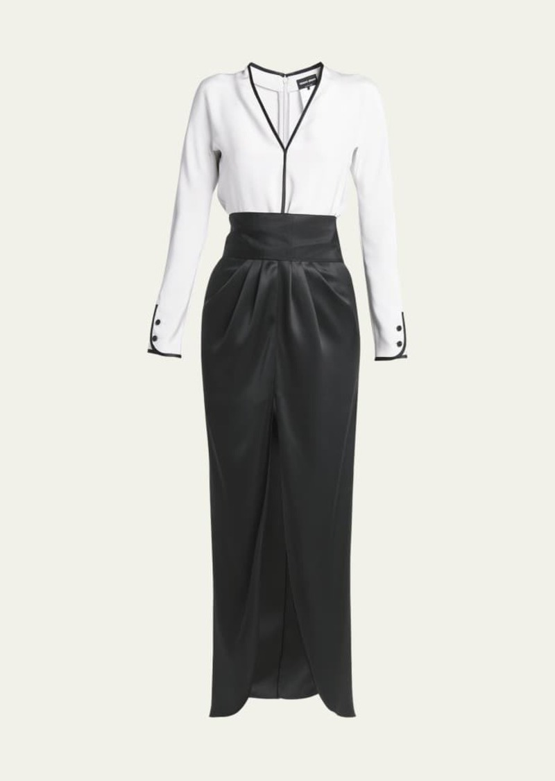 Giorgio Armani Bicolor Tuxedo Silk Column Gown with Sash