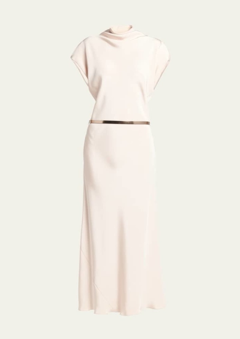 Giorgio Armani Cowl-Neck Silk Crepe Maxi Dress with Leather Belt