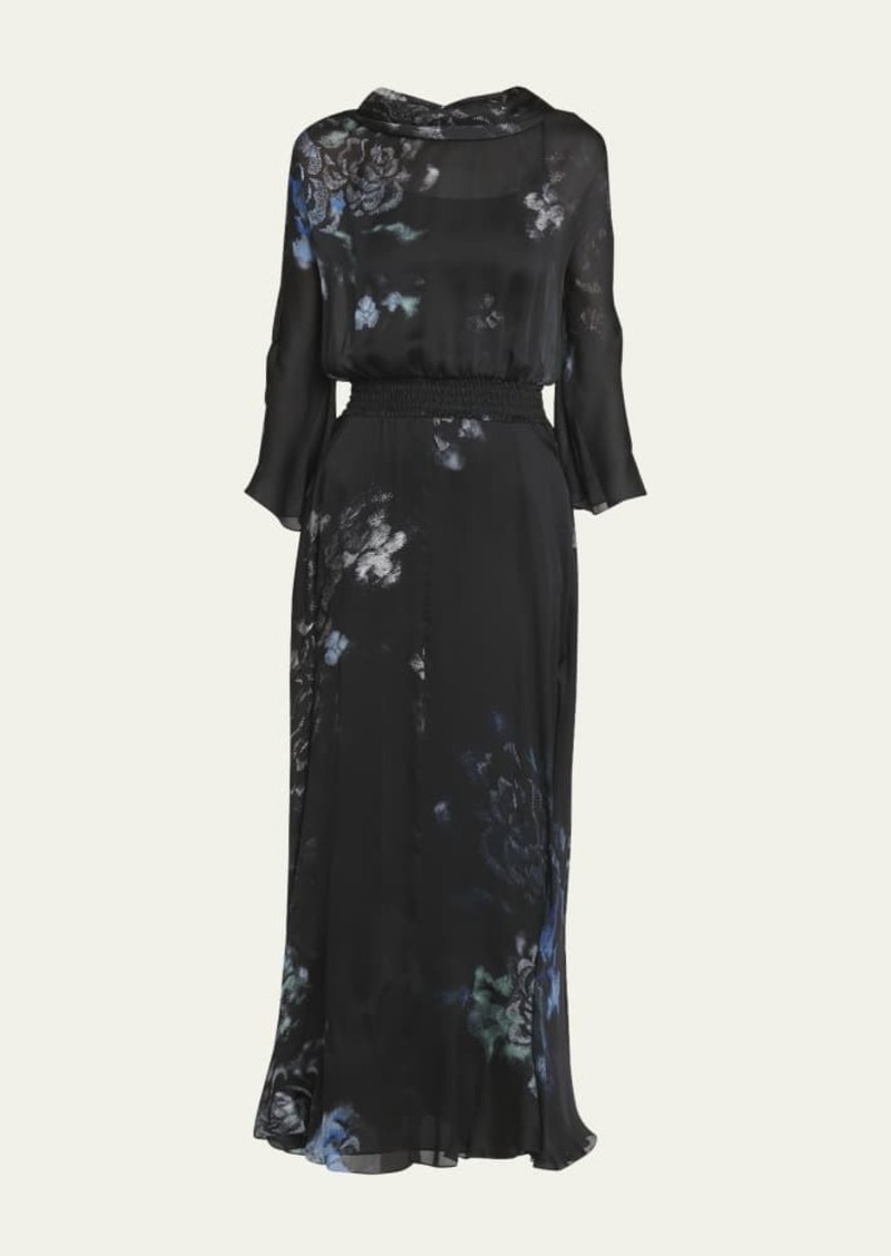 Giorgio Armani Floral Print Silk Gown with Smocked Waist