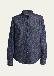 Giorgio Armani Shiny Denim Floral Print Button-Front Shirt