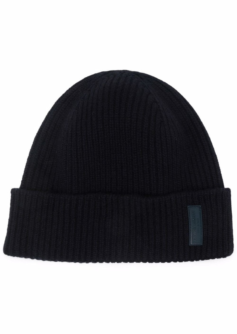 Armani logo-patch cashmere-knit beanie