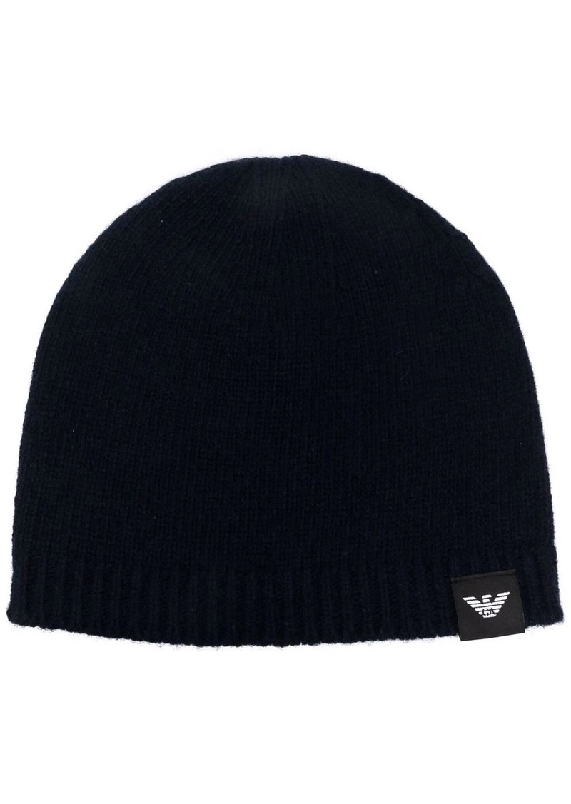 Armani logo-patch knitted cashmere beanie