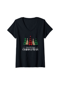 Ash Womens Merry Christmas Holiday Plaid Christmas Tree & Leopard Print V-Neck T-Shirt