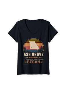 Womens Vintage Ash Grove Missouri Homtown My Story Began V-Neck T-Shirt