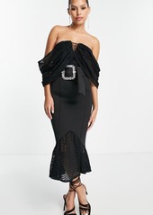 ASOS DESIGN Bardot Mixed Media Off the Shoulder Dress in Black at Nordstrom