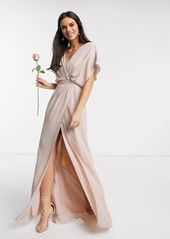 ASOS DESIGN Bridesmaid short sleeved cowl front maxi dress with button back detail in blush
