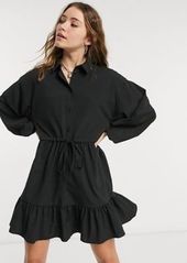 ASOS DESIGN button through mini skater shirt dress with pephem in self stripe in black