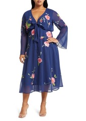 ASOS DESIGN Floral Embroidered Long Sleeve Tie Front Midi Dress