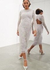 ASOS DESIGN Imitation Pearl & Crystal Long Sleeve Midi Dress