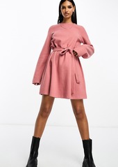 ASOS DESIGN Jumper Long Sleeve Tie Belt Mini Sweater Dress in Pink at Nordstrom Rack
