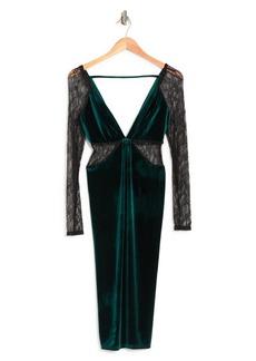 ASOS DESIGN Long Sleeve Lace & Velvet Body-Con Dress in Dark Green at Nordstrom Rack