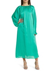 ASOS DESIGN Long Sleeve Washed Satin Shift Midi Dress in Medium Green at Nordstrom Rack