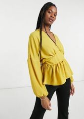 ASOS DESIGN long sleeve wrap front blouse in mustard