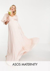 ASOS DESIGN Maternity Bridesmaid pleated flutter sleeve maxi dress with satin wrap waist