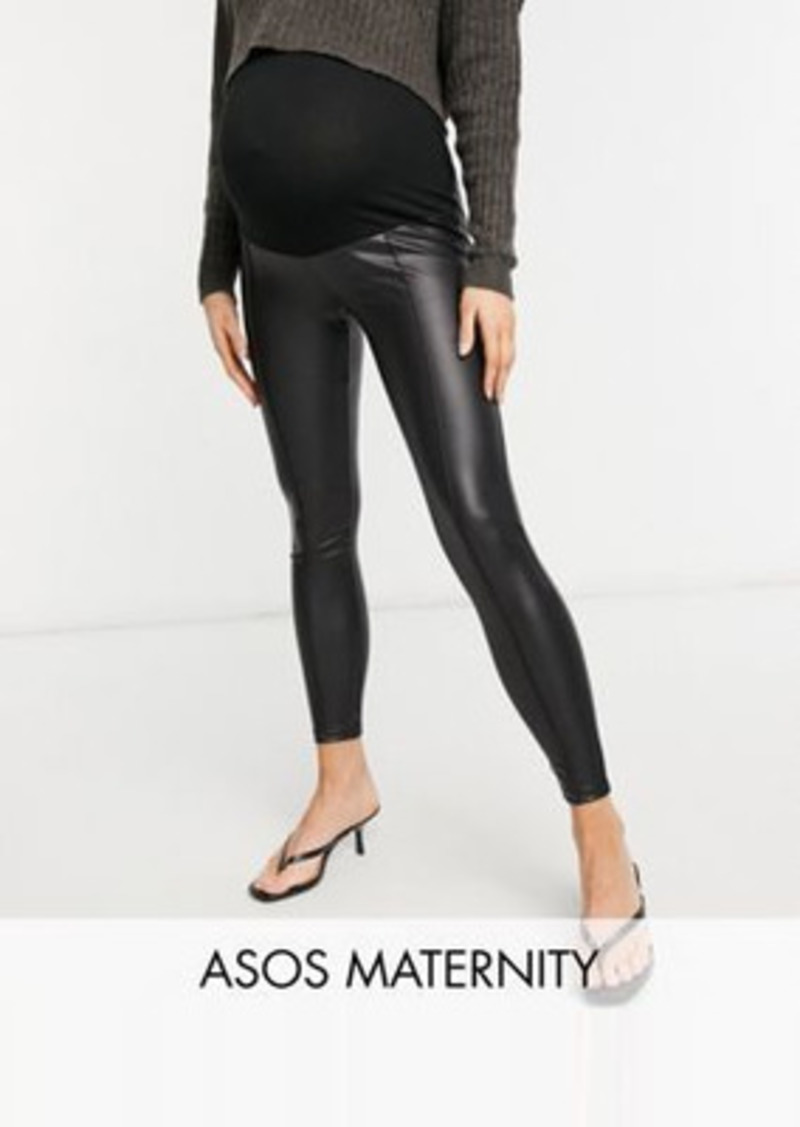 ASOS DESIGN Maternity leather look legging with pintuck in black