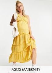 ASOS DESIGN Maternity sleeveless tiered crinkle maxi dress with lace inserts in mustard spot