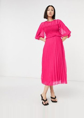 ASOS DESIGN textured pleated shirred midi dress in hot pink
