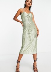 ASOS DESIGN Triple Lace-Up Halter Satin Midi Dress in Medium Green at Nordstrom