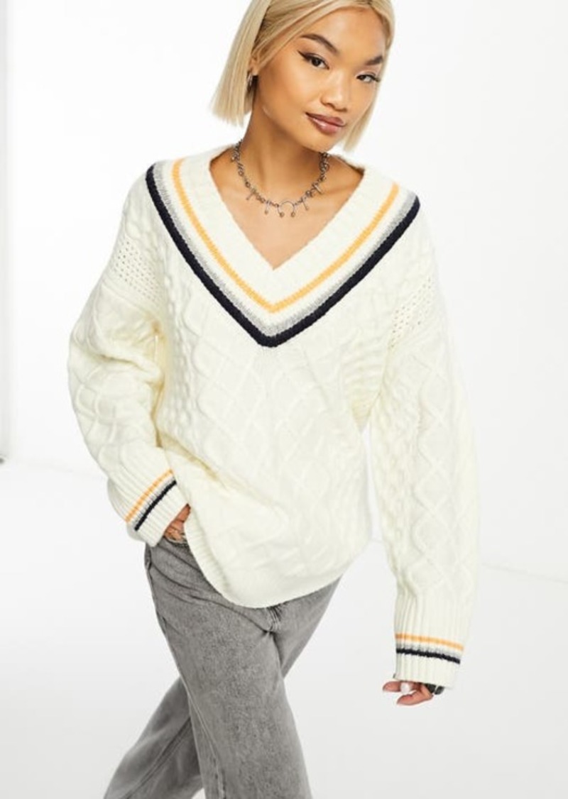 ASOS DESIGN V-Neck Cable Knit Varsity Sweater