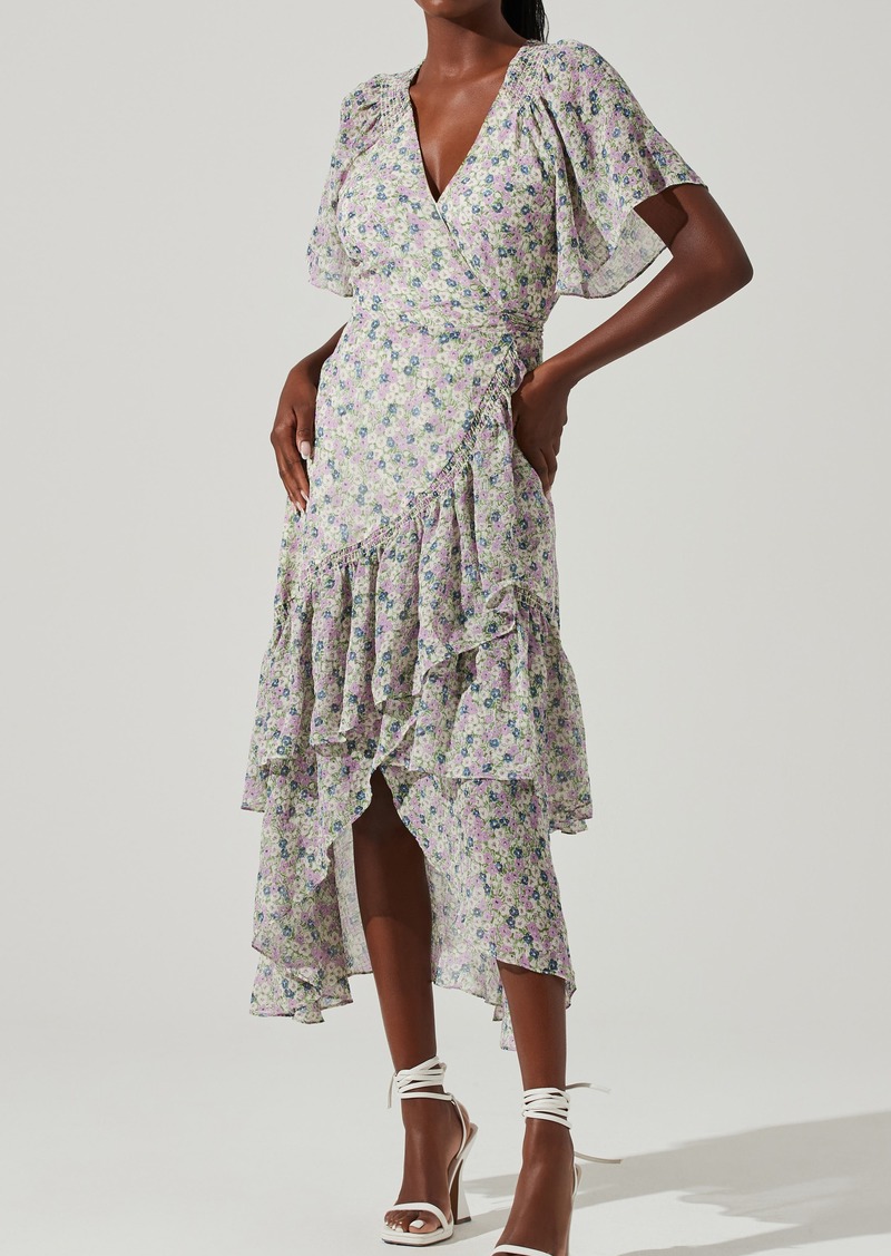 ASTR the Label Adella Floral Wrap Midi Dress in Green Purple Floral at Nordstrom Rack