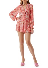 ASTR the Label Floral Open Back Long Sleeve Chiffon Romper in Coral Red Floral at Nordstrom Rack