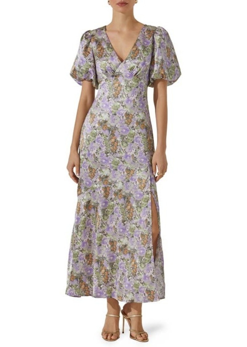 ASTR the Label Floral Puff Sleeve Satin Maxi Dress