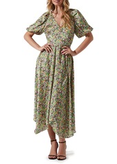 ASTR the Label Floral Puff Sleeve Wrap Dress in Pink Green Multi at Nordstrom Rack