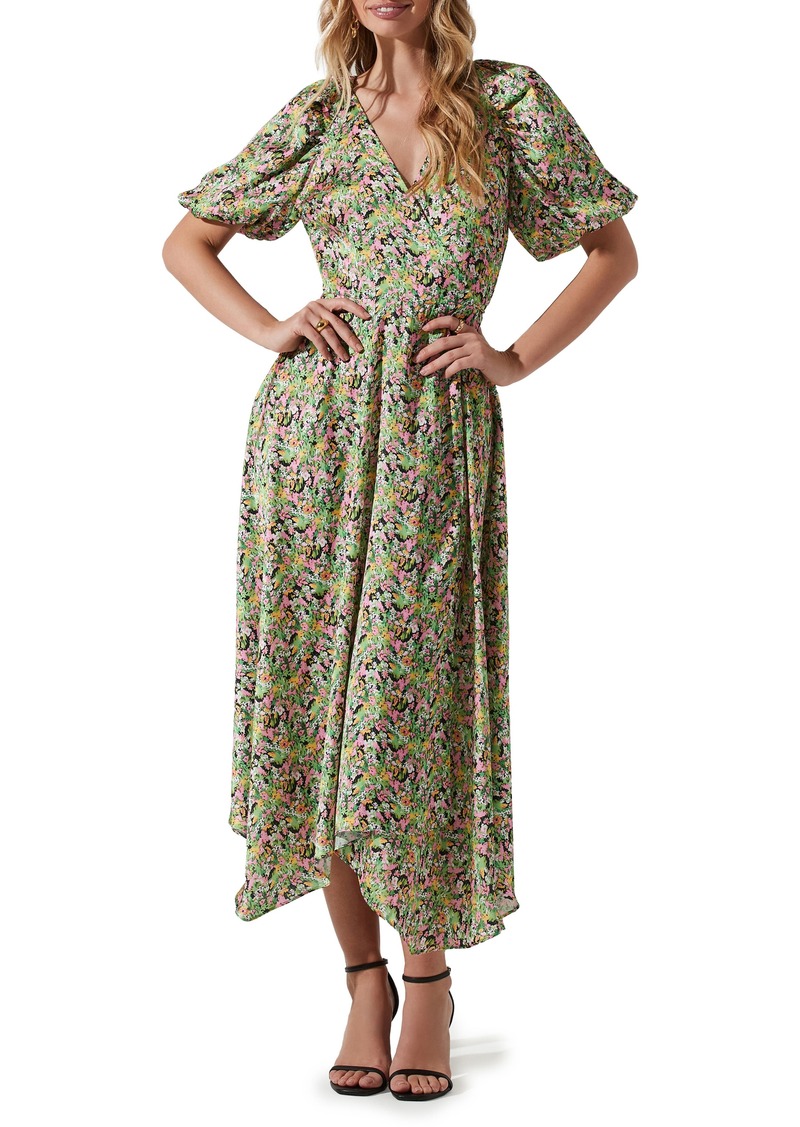 ASTR the Label Floral Puff Sleeve Wrap Dress in Pink Green Multi at Nordstrom Rack