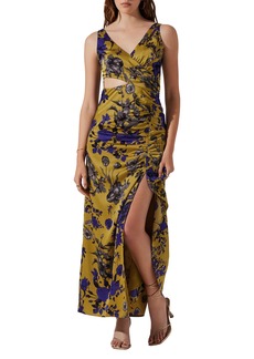 ASTR the Label Floral Ruched Cutout Dress in Chartreuse Indigo Floral at Nordstrom Rack