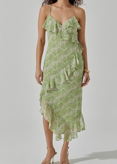 ASTR the Label Floral Ruffle Handkerchief Hem Midi Dress in Green White Floral at Nordstrom Rack