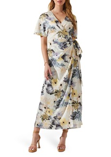 ASTR the Label Floral Short Sleeve Wrap Dress in Charcoal Taupe Floral at Nordstrom Rack