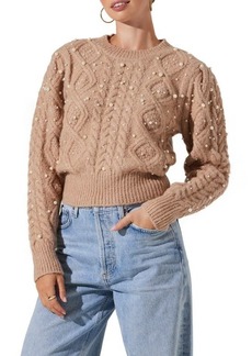 ASTR the Label Imitation Pearl Embellished Cable Stitch Sweater