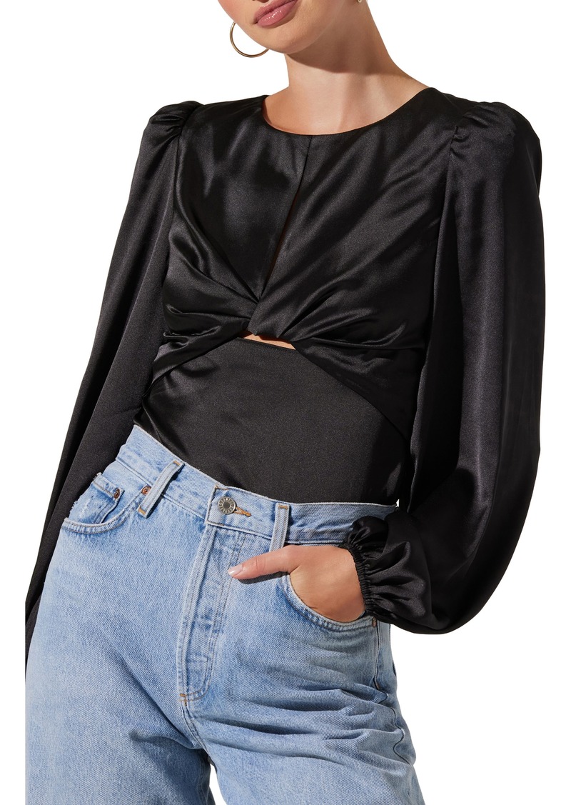 ASTR the Label Twist Front Keyhole Balloon Sleeve Satin Top in Black at Nordstrom Rack