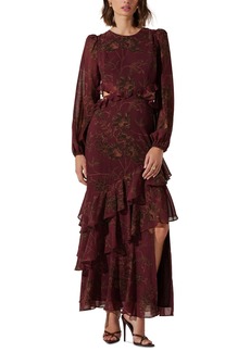 Astr the Label Women's Biella Printed Ruffle-Trim Dress - Plum Brown