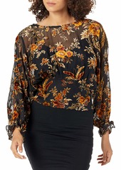 ASTR the label Women's Nora Nock Neck Long Sleeve Gathered Waist Top Black-Gold Multi Floral L