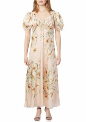 ASTR the label Women's Short Puff Sleeve in Bloom Midi Slip Dress with Sweetheart Neckline  L