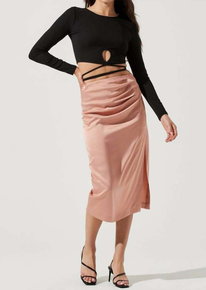 ASTR Perry Ruched Side Slit Midi Skirt In Blush Pink