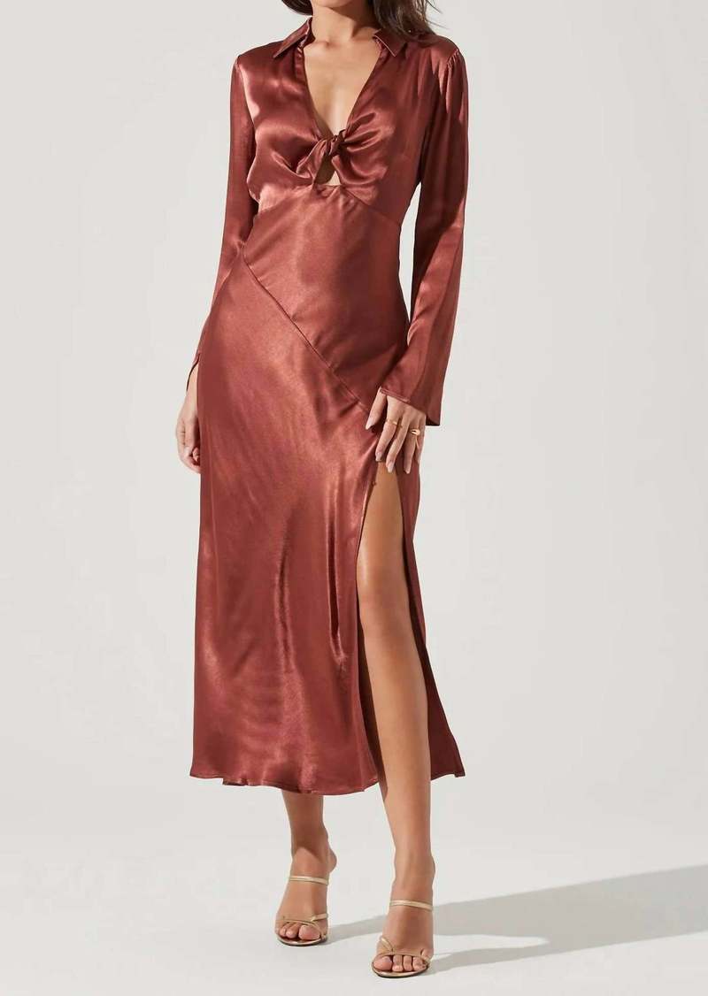 ASTR Wanda Satin Cutout Long Sleeve Midi Dress In Marsala