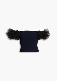 Autumn Cashmere - Off-the-shoulder tulle-trimmed ribbed jersey top - Blue - S