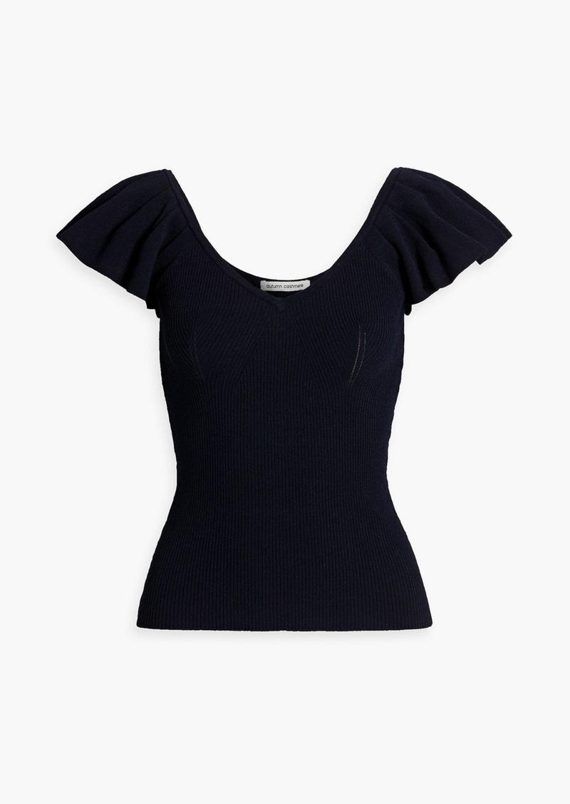 Autumn Cashmere - Ruffled ribbed-knit top - Blue - L