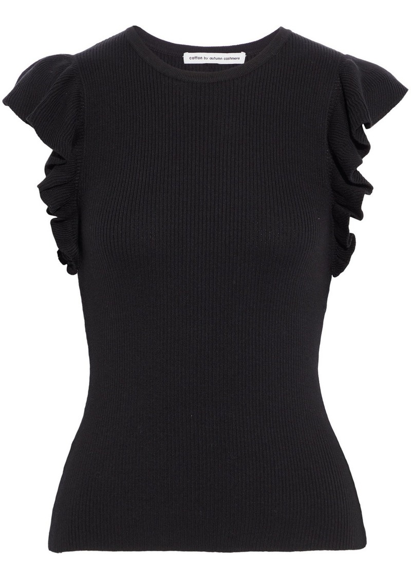 Autumn Cashmere - Ruffled ribbed cotton top - Black - S