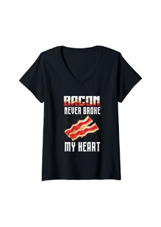 Womens Bacon Never Broke My Heart Funny Pork Foodie Pun Graphic V-Neck T-Shirt