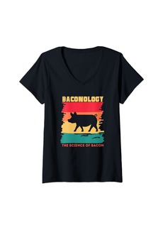 Womens Baconology The Science of Bacon Retro Vintage Grilling V-Neck T-Shirt