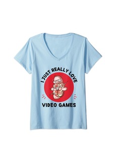 Womens Cute Bacon Lover I Just Really Love Bacon Video Games Lover V-Neck T-Shirt